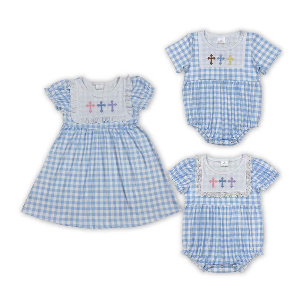 Cross Embroidery Plaid Print Sibling Easter Matching Clothes