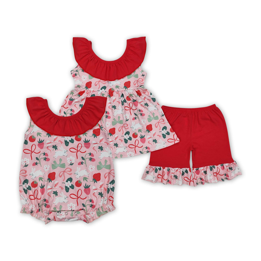 Bunny Strawberry Bows Print Sisters Easter Matching Clothes