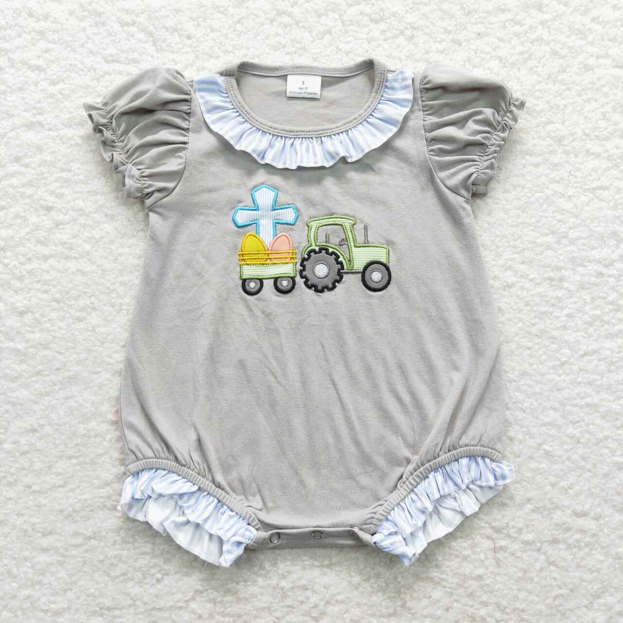 SR0491 Cross Eggs Truck Embroidery Grey Baby Girls Easter Romper