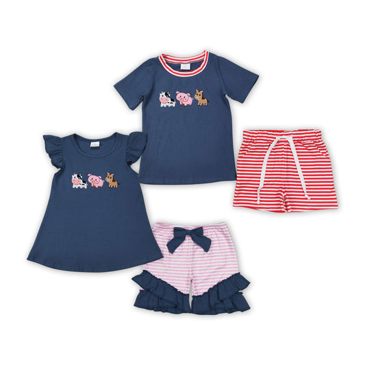 Farm Animals Embroidery Blue Top Stripes Shorts Sibling Summer Outfits