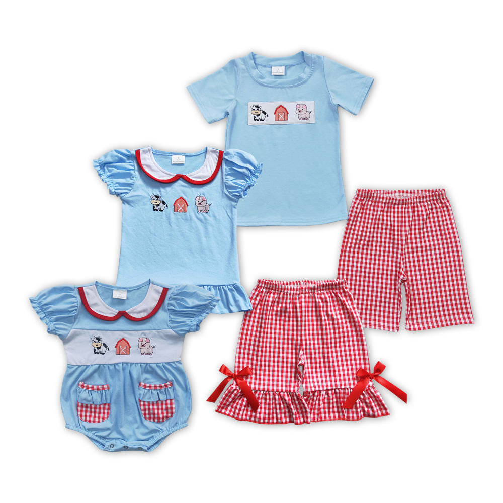 Farm Animals Embroidery Blue Top Plaid Shorts Sibling Summer Matching Clothes