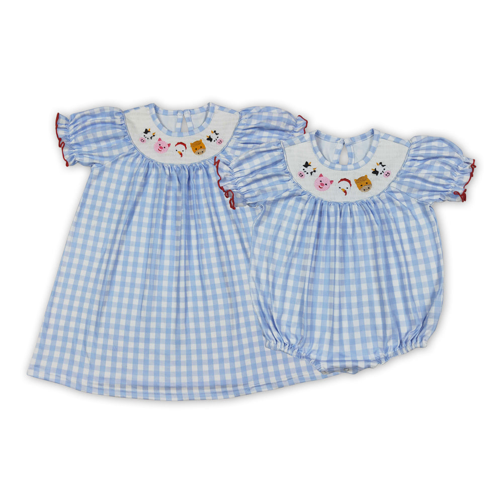 Farm Animals Embroidery Blue Plaid Sisters Smocked Matching Clothes
