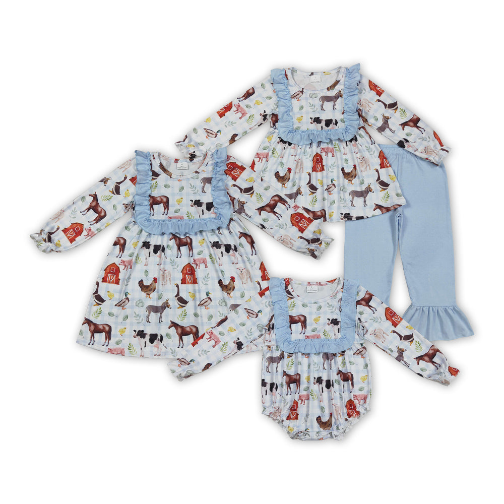 Farm Animals Print Girls Fall Clothes Sisters Matching Wear