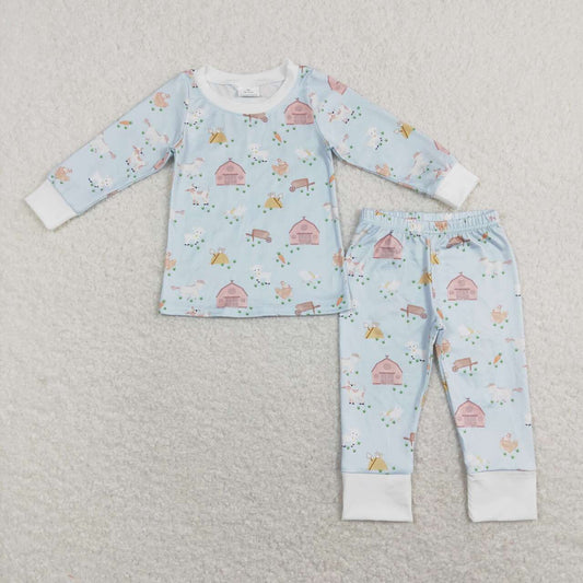 BLP0342  Blue Farm Animals Print Boys Pajamas Clothes Set