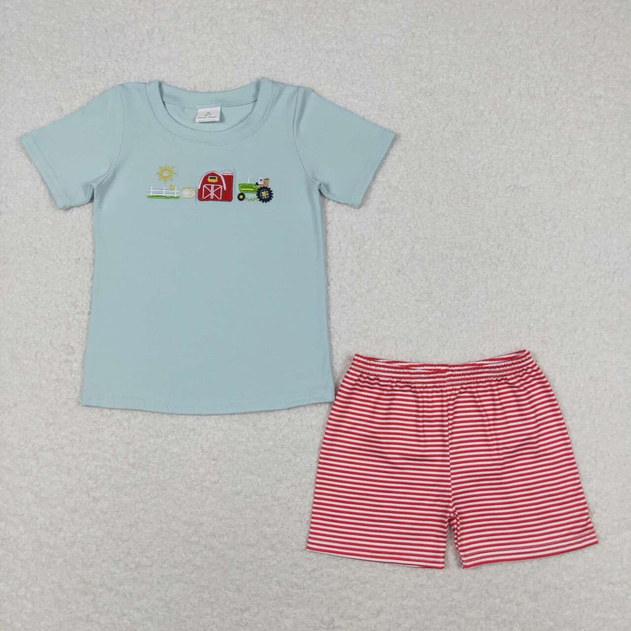 BSSO0702 Farm Embroidery Top Red Stripes Shorts Boys Summer Clothes Set