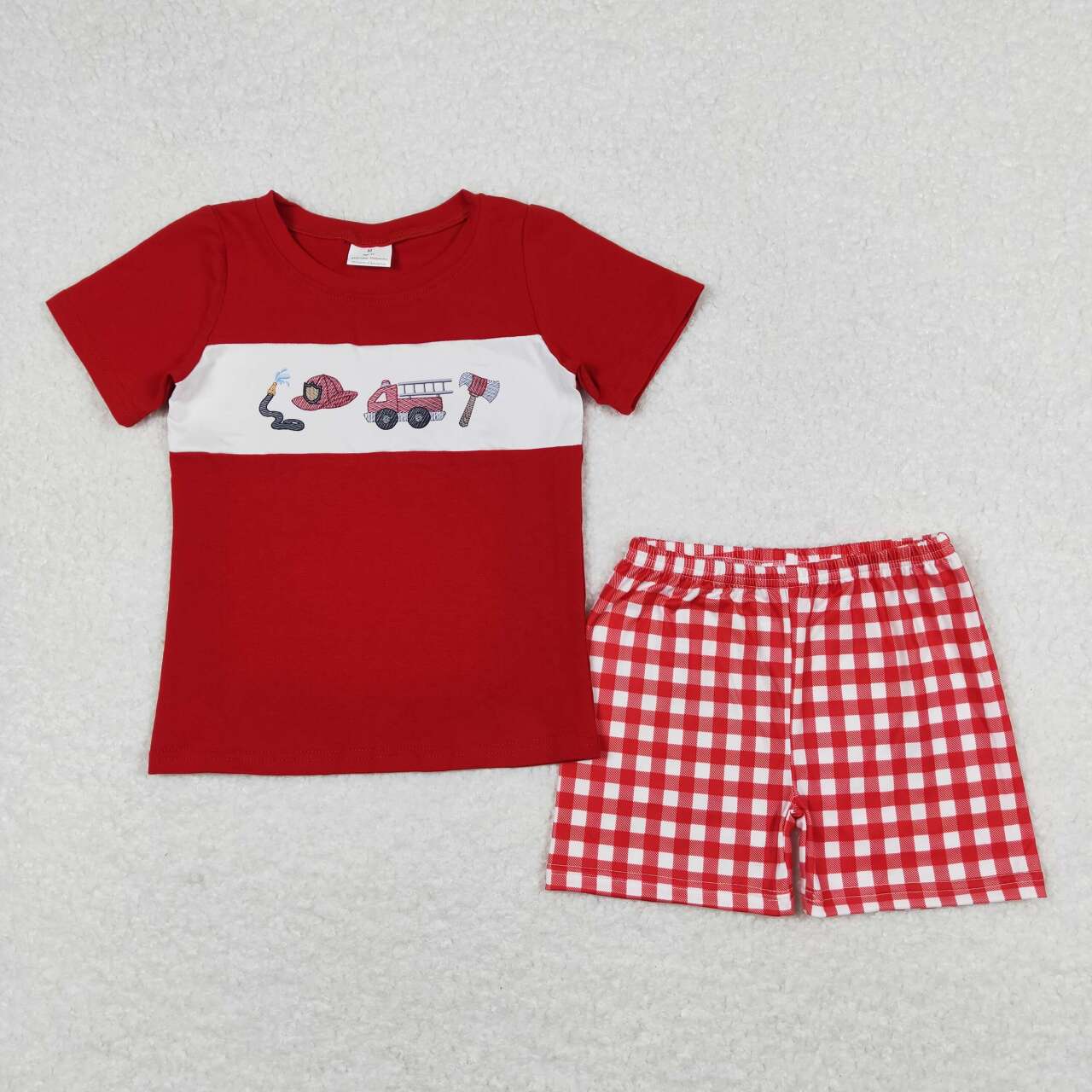 BSSO0666 Red Fire Engine Print Top Plaid Shorts Boys Summer Clothes Set
