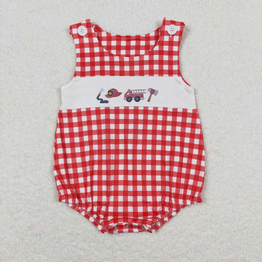 SR1174 Fire Engine Red Plaid Print Baby Boys Summer Romper