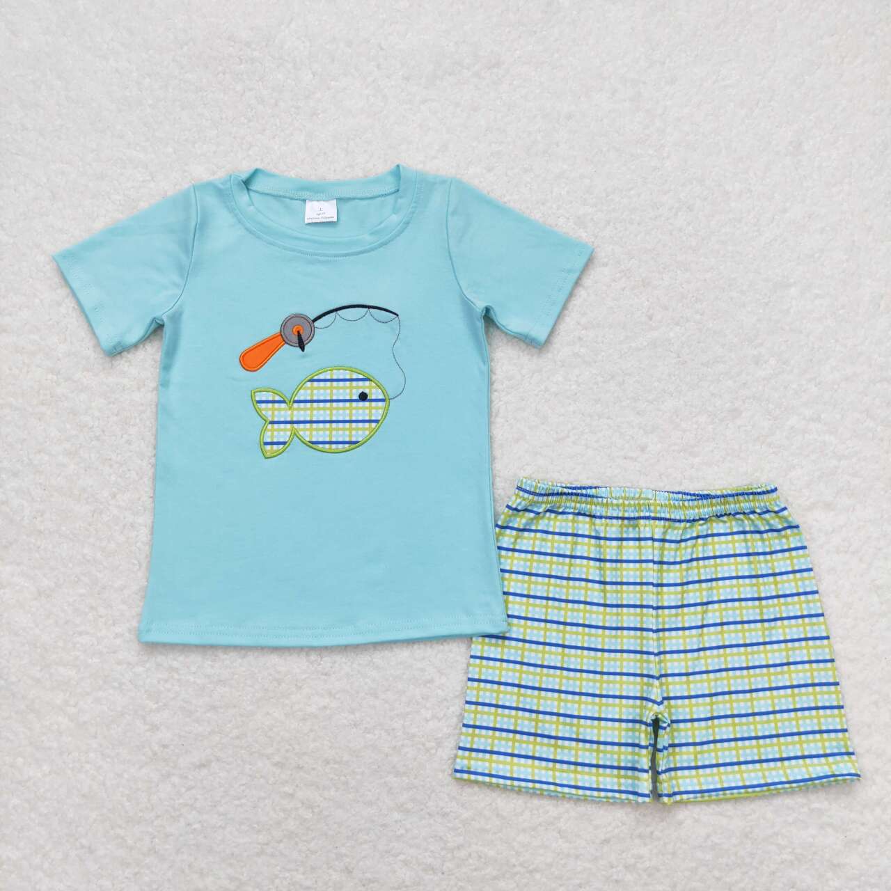 BSSO0798 Fishing Embroidery Top Plaid Shorts Boys Summer Clothes Set