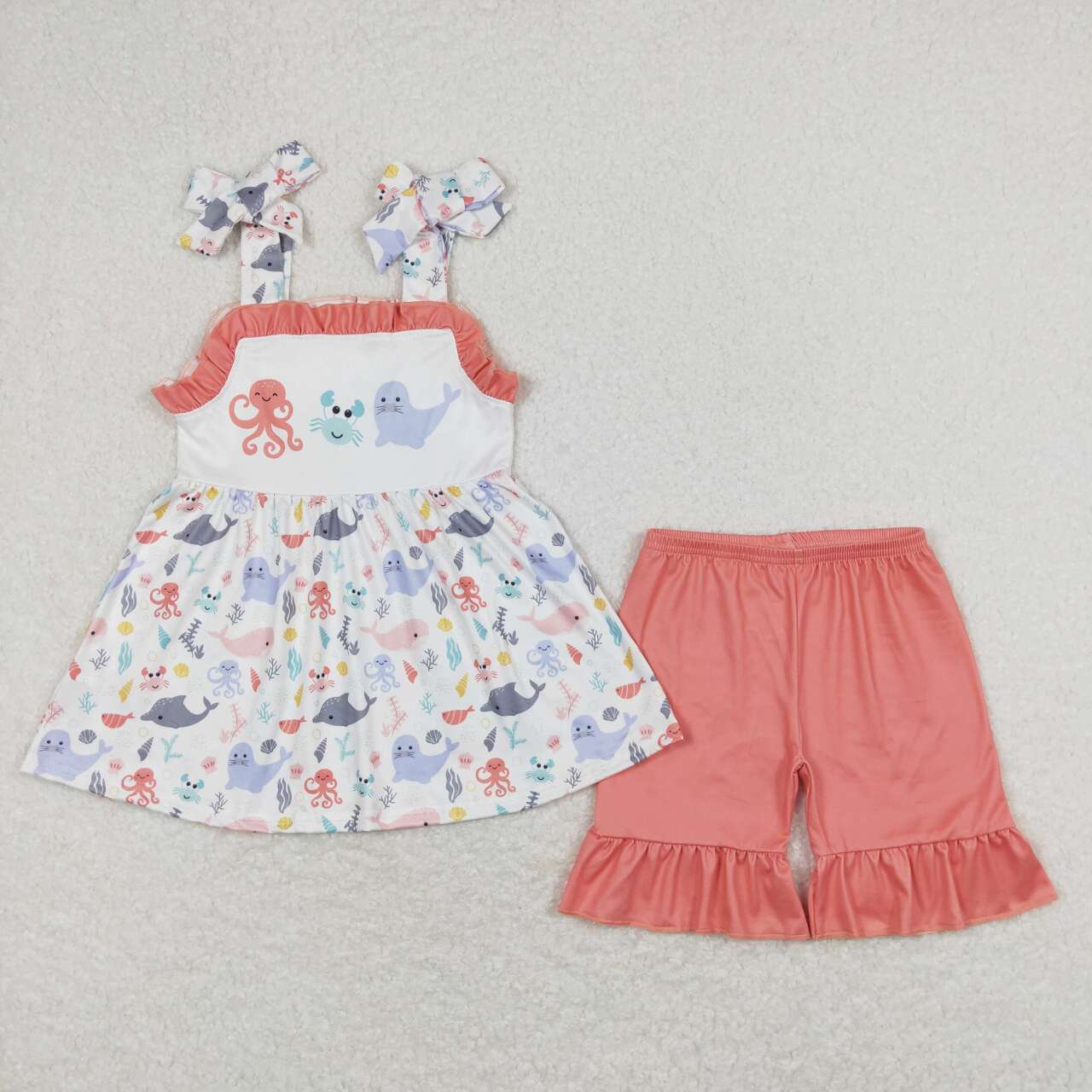 GSSO0729 Octopus Crab Sea Lion Fish Strap Tunic Top Ruffle Shorts Girls Summer Clothes Set