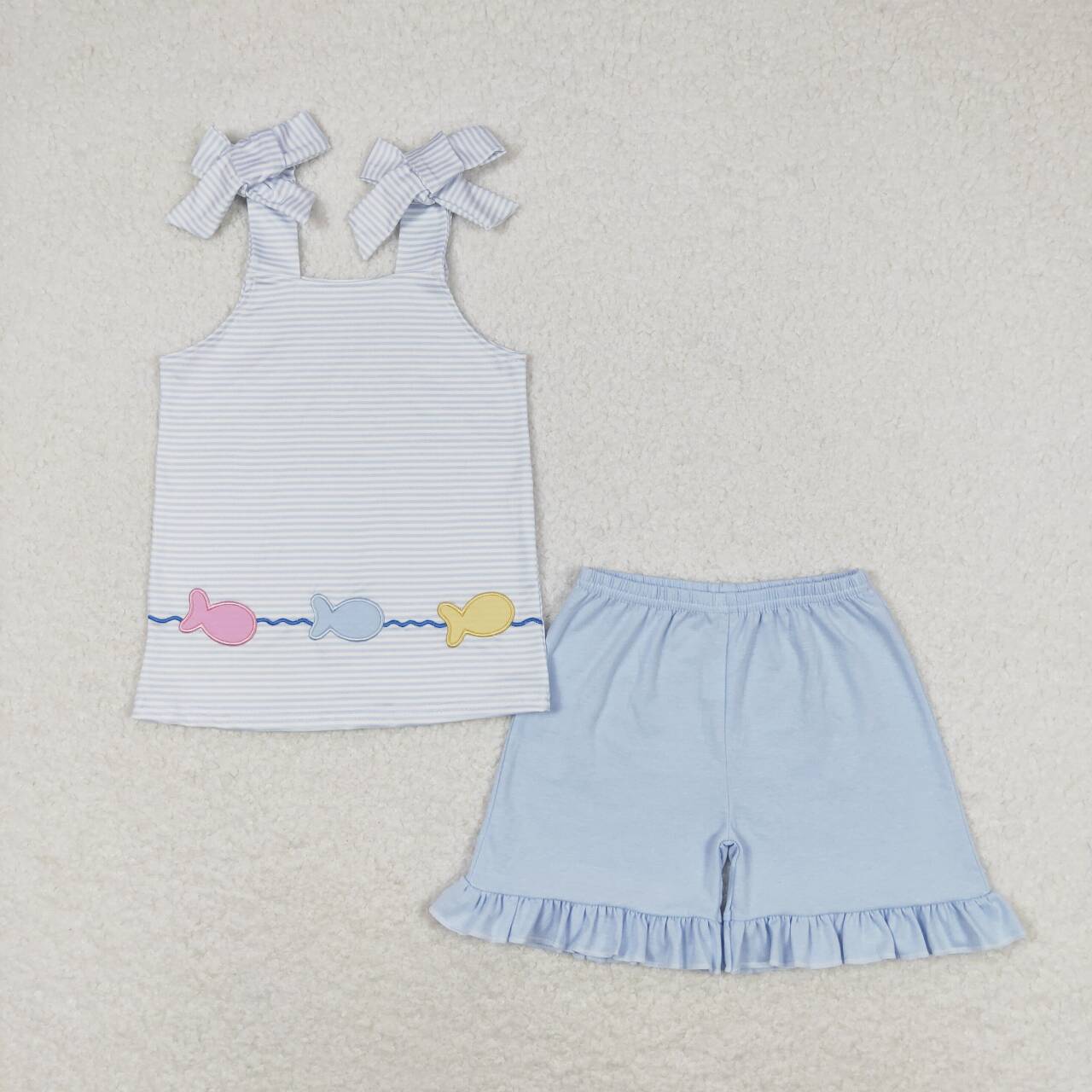 GSSO0809 Fish Embroidery Top Blue Shorts Girls Summer Clothes Set