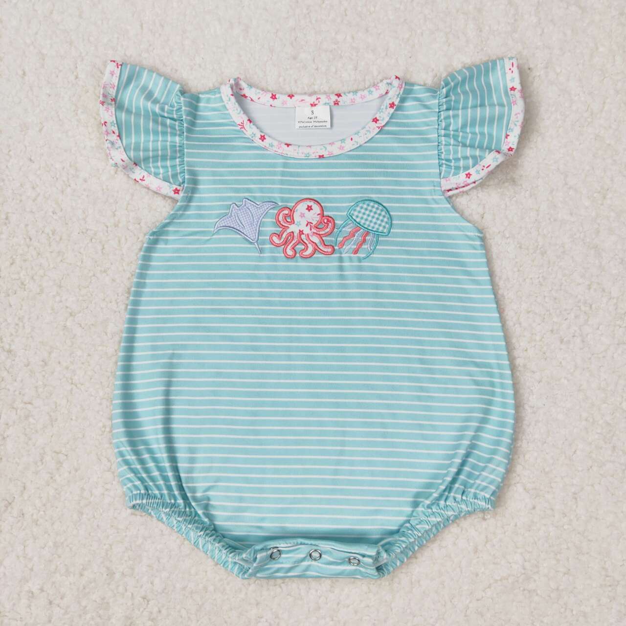 SR1267 Fish Octopus Jellyfish Embroidery Stripes Baby Girls Summer Romper