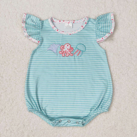 SR1267 Fish Octopus Jellyfish Embroidery Stripes Baby Girls Summer Romper