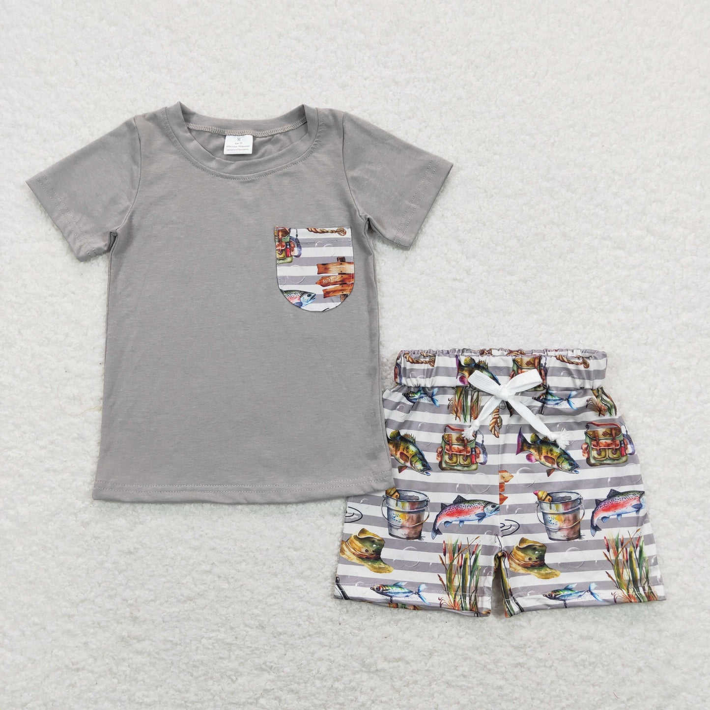 BSSO0481 Grey Pocket Top Fish Shorts Boys Summer Clothes Set