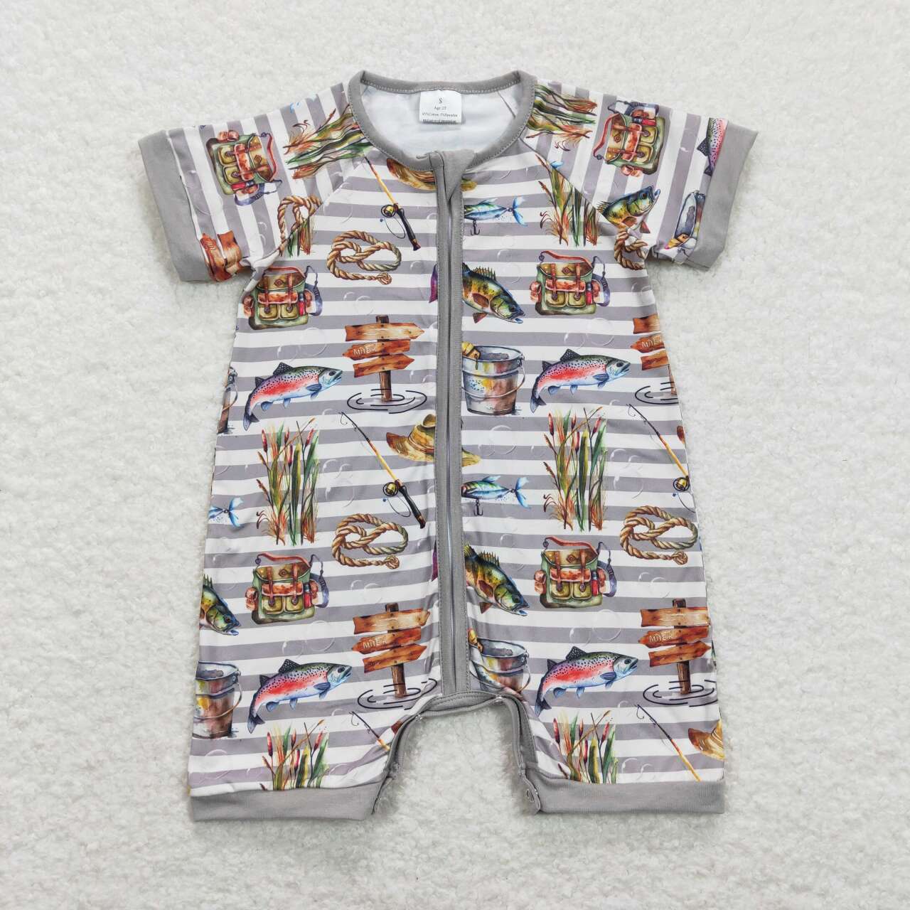 SR0842 Fishing Print Baby Boys Summer Zipper Romper