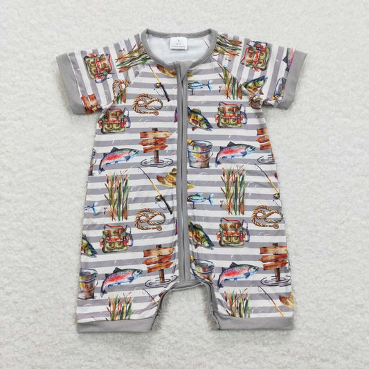 SR0842 Fishing Print Baby Boys Summer Zipper Romper