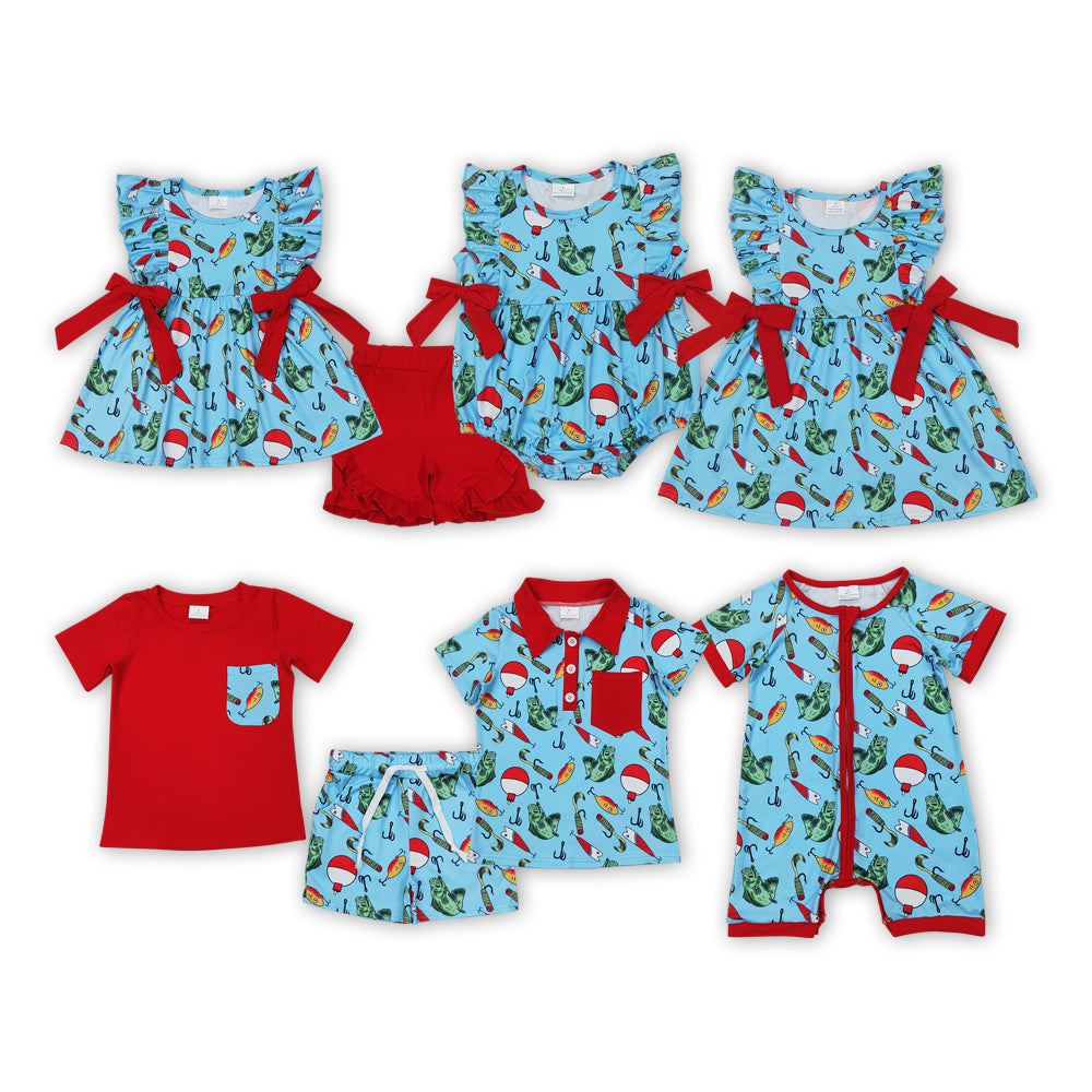 Fishing Blue Print Sibling Summer Matching Clothes