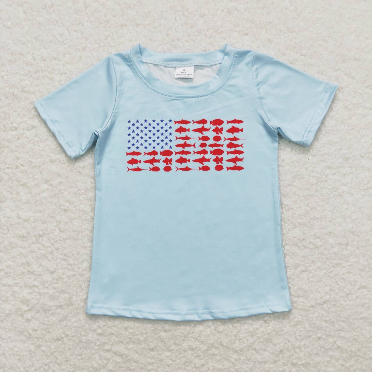 BT0614 Star Fish Flags Print Boys 4th of July Tee Shirts Top