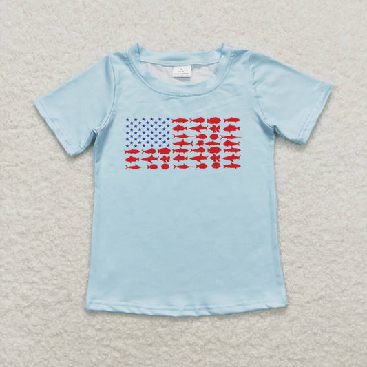 BT0614  Star Fish Flags Print Boys 4th of July Tee Shirts Top