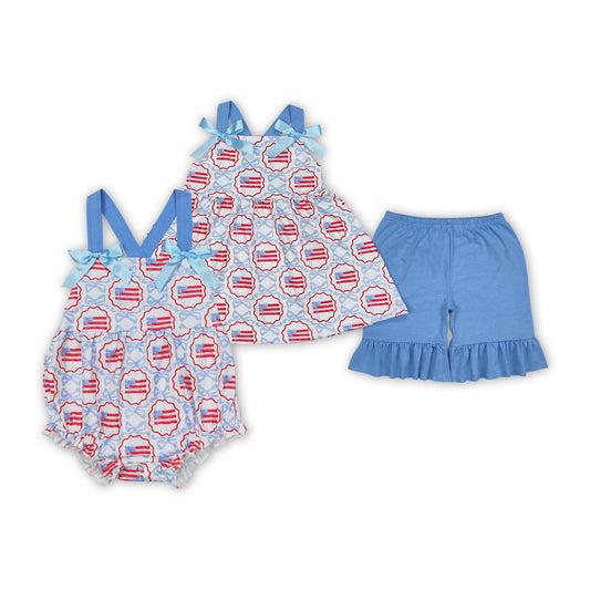 Flag Bows Print Blue Sisters 4th of July Matching Clothes