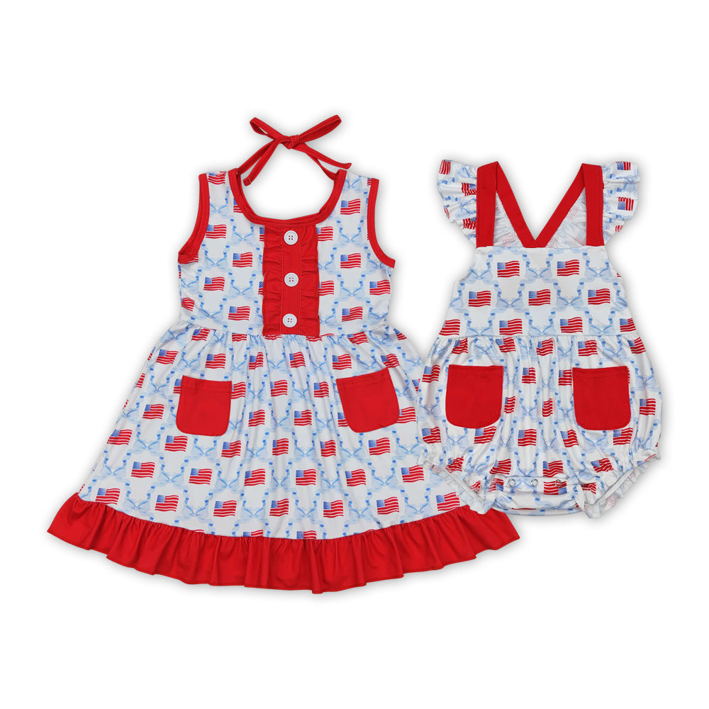 Flag Bows Print Red Sisters 4th of July Matching Clothes