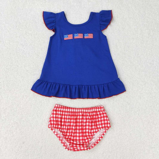 GBO0311 Flags Embroidery Blue Top Plaid Shorts Baby Girls 4th of July Bummie Set