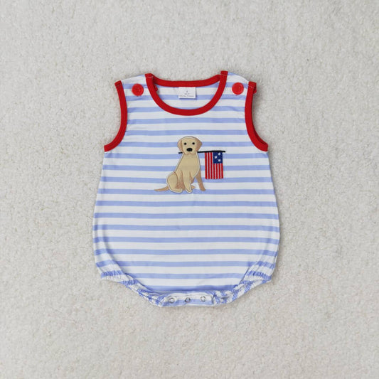 SR1080 Dog Flag Embroidery Stripes Baby Boys 4th of July Romper
