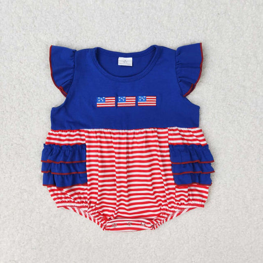 SR1211 Flags Embroidery Red Stripes Baby Girls 4th of July Bubble Romper