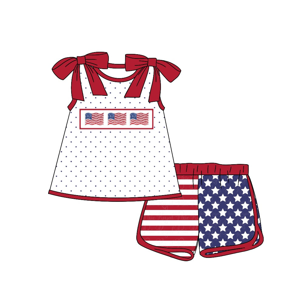 (Custom Design Preorder MOQ 5) Flags Print Girls 4th of July Clothes Set