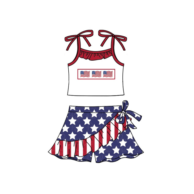 (Custom Design Preorder MOQ 5) Flags Print Girls 4th of July Ruffle Clothes Set