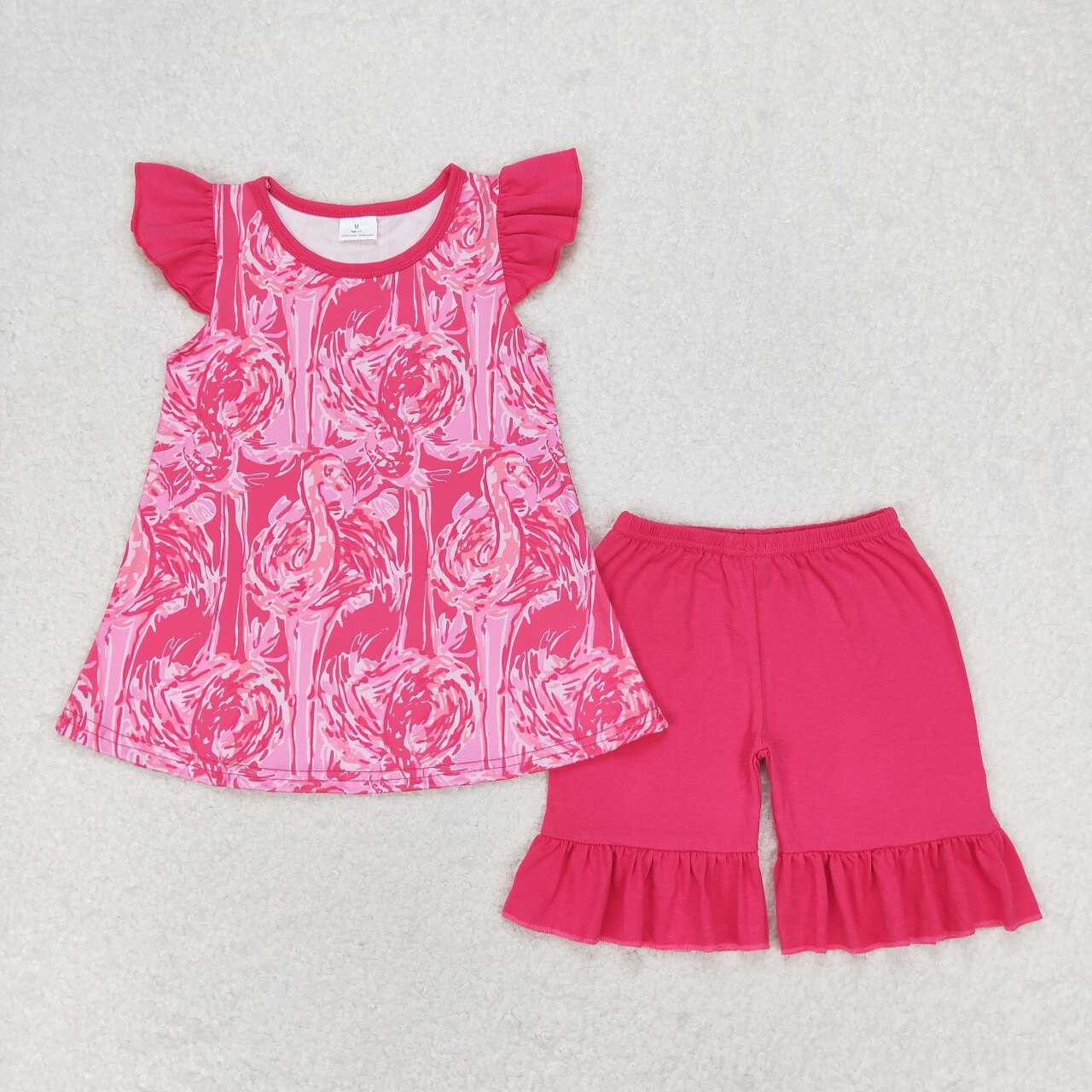 GSSO1087 Flamingo Top Hot Pink Shorts Girls Summer Clothes Set