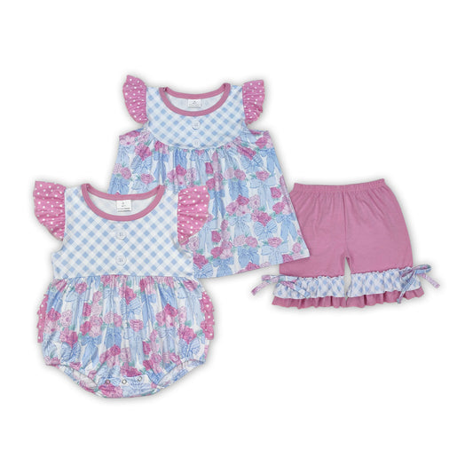 Pink Blue Flowers Bows Print Sisters Summer Matching Clothes