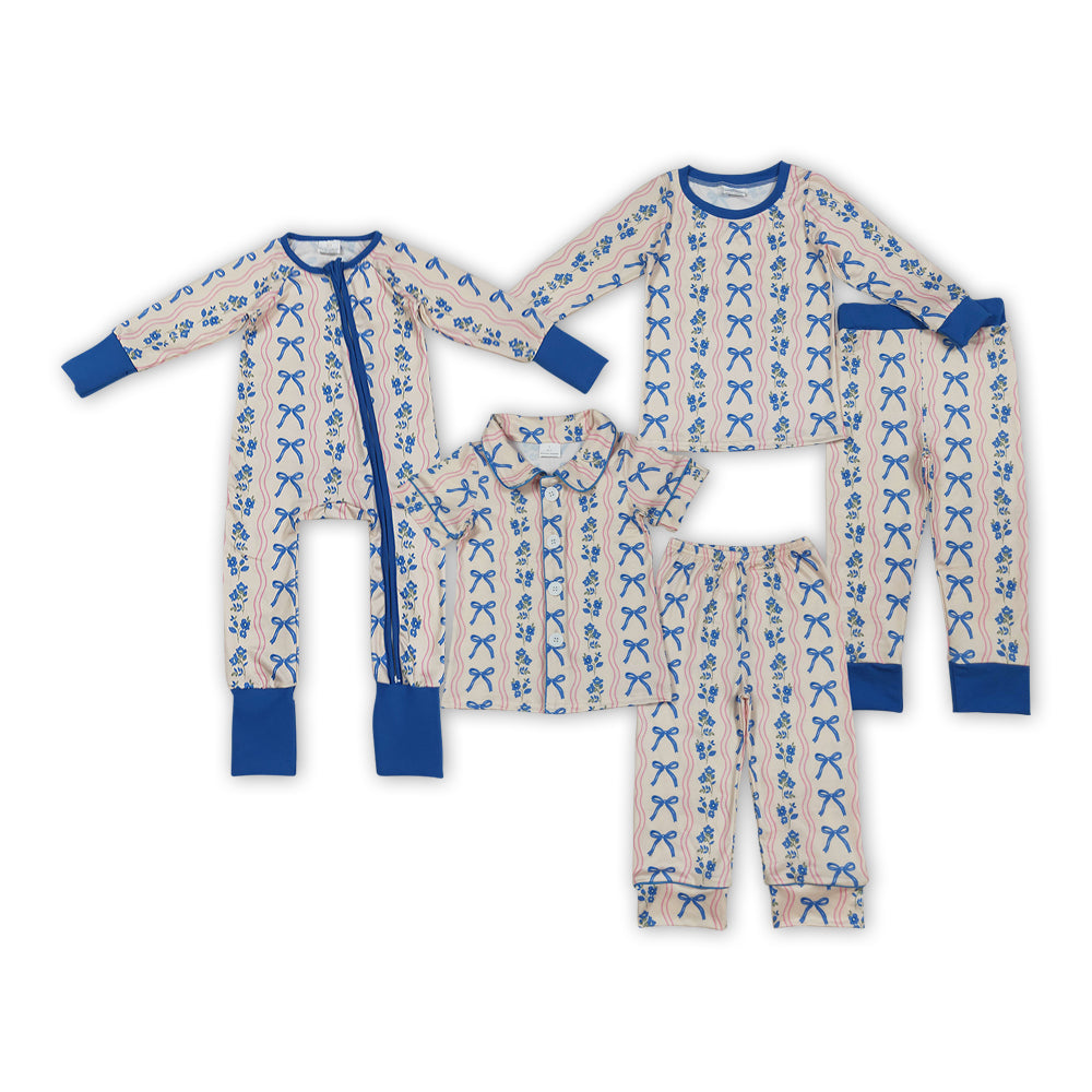 Flowers Bows Blue Print Girls Pajamas Clothes Sisters Matching Wear
