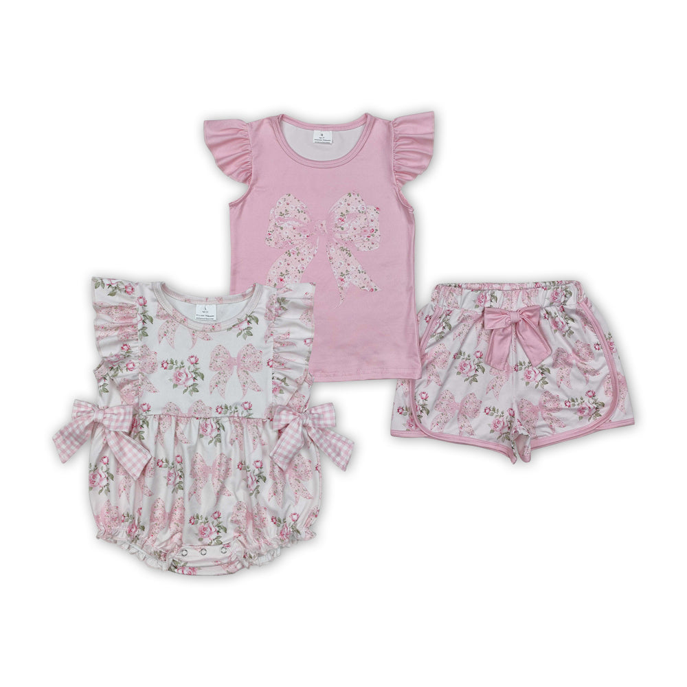Flowers Bows Pink Print Sisters Summer Matching Clothes