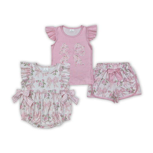 Flowers Bows Pink Print Sisters Summer Matching Clothes