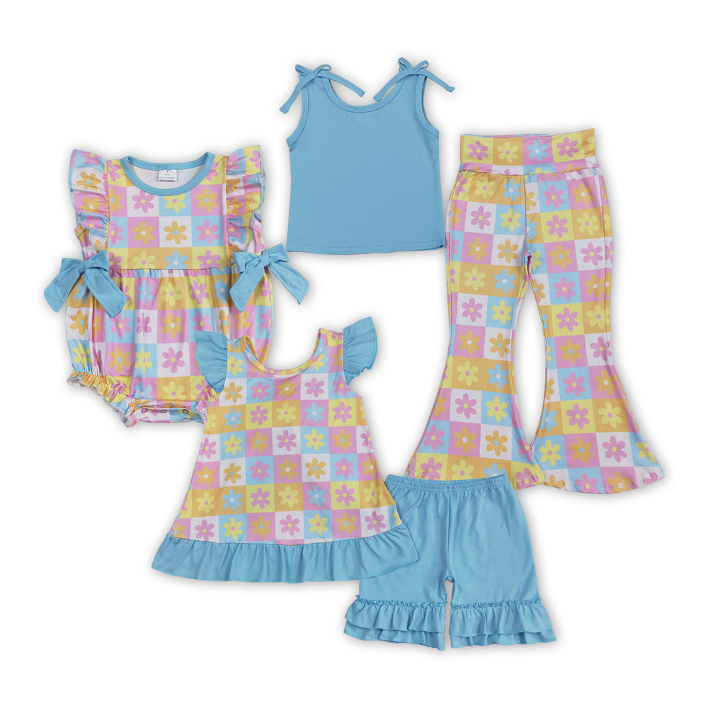 Flowers Colorful Plaid Print Girls Summer Clothes Sisters Matching Wear