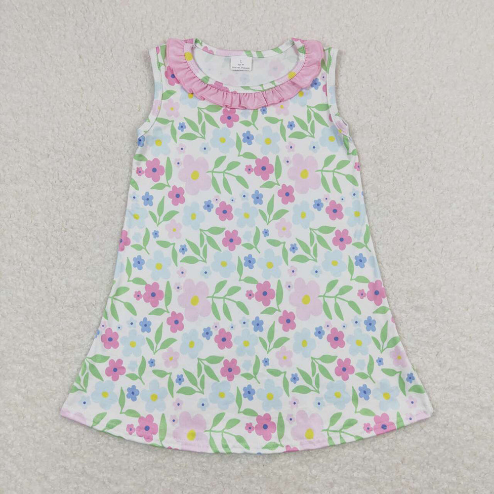 Flowers Print Girls Summer Fashion Knee Length Dress Sisters Wear