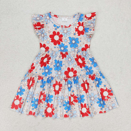 GSD0921 Flowers Print Girls 4th of July Knee Length Dress