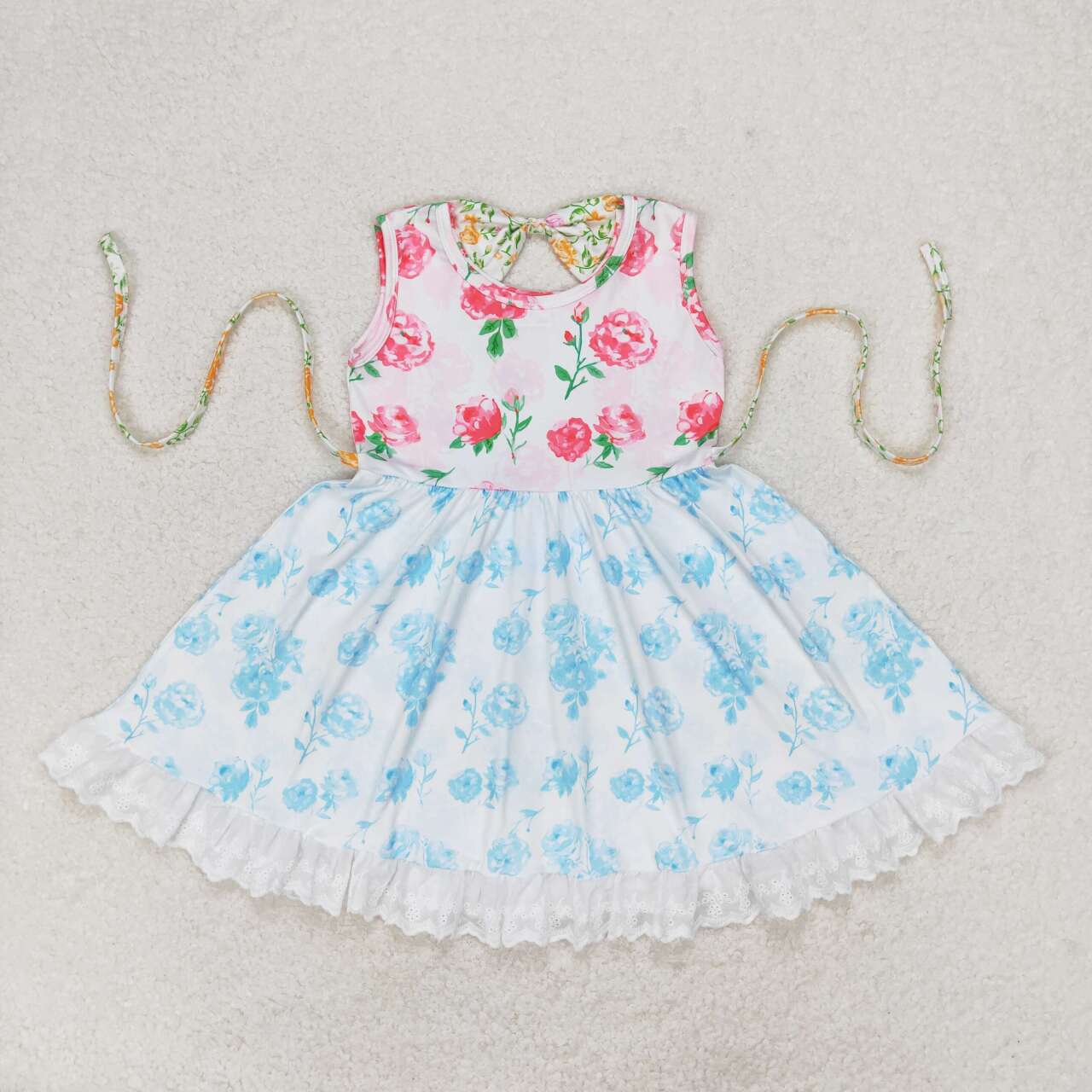 GSD0987 Aqua Flowers Print Girls Knee Length Summer Dress