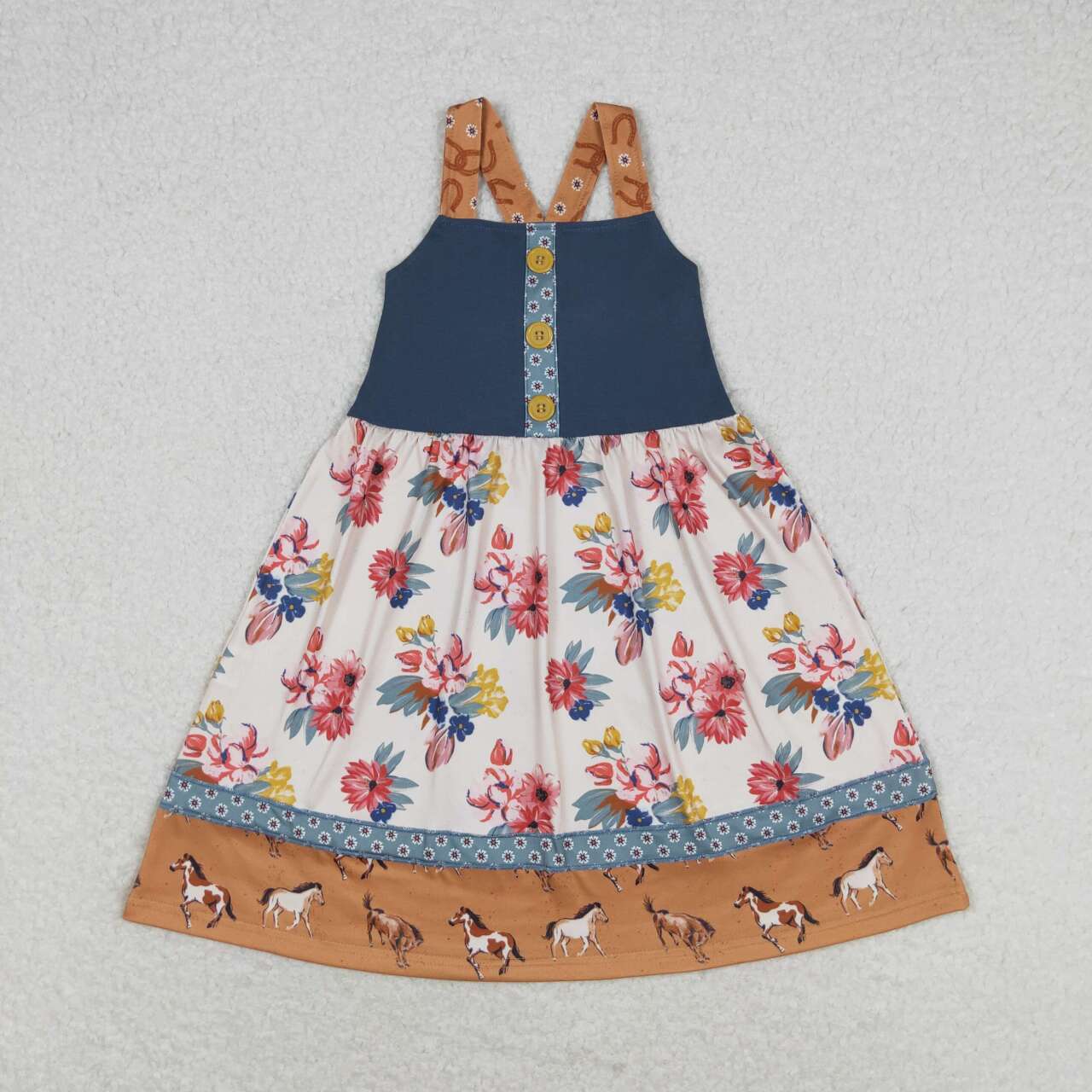 GSD1035 Brown Flowers Horse Print Girls Knee Length Summer Western Dress