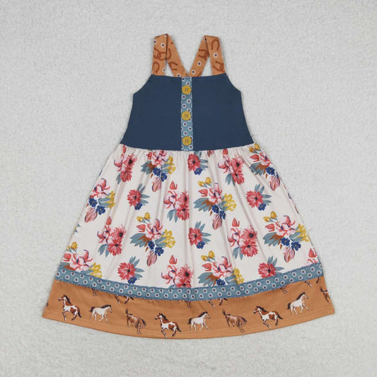 GSD1035  Brown Flowers Horse Print Girls Knee Length Summer Western Dress