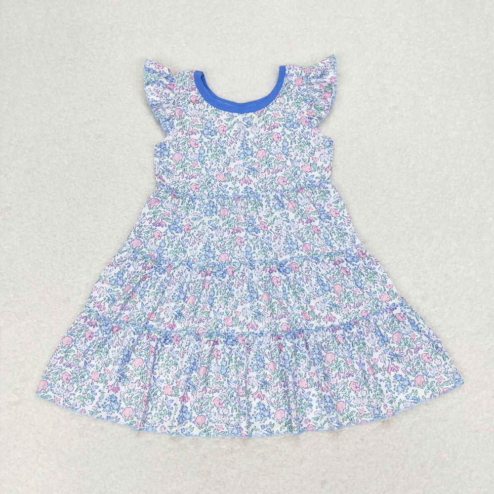 Flowers Print Girls Flutter Sleeve Summer Knee Length Dress Sisters Wear
