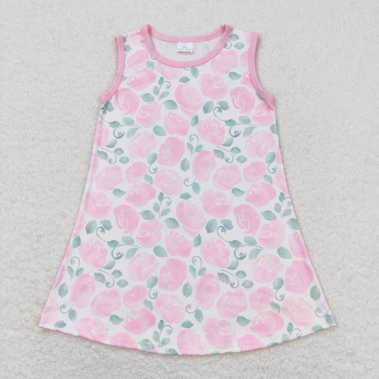 GSD1045 Pink Flowers Print Girls Knee Length Summer Dress