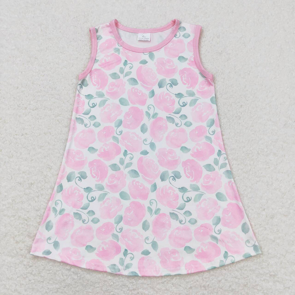 Flowers Print Girls Summer Fashion Knee Length Dress Sisters Wear
