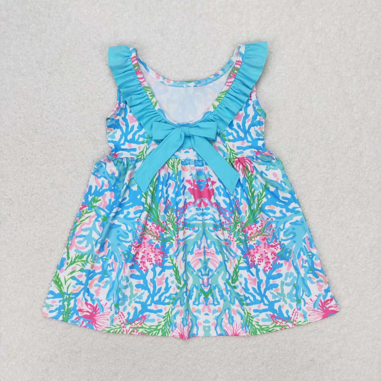 GSD1138 Colorful Seaweed Flowers Print Girls Knee Length Backless Summer Dress