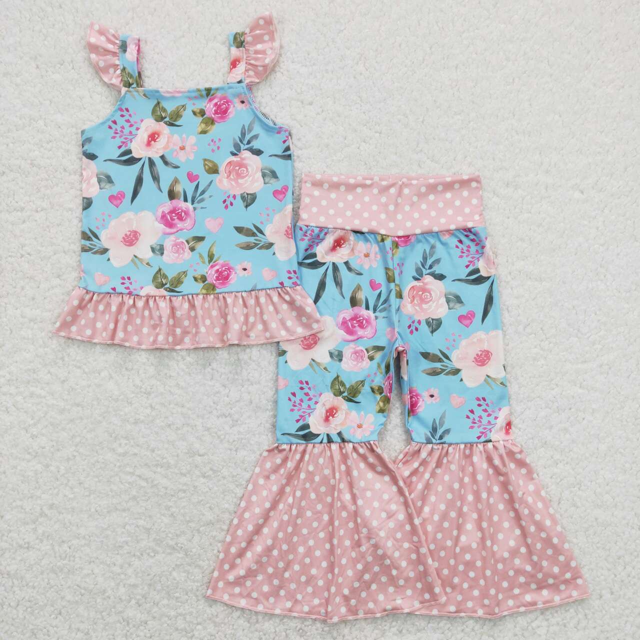 GSPO1163 Flowers Pink Polka Dots Print Girls Bell Pants Clothes Set