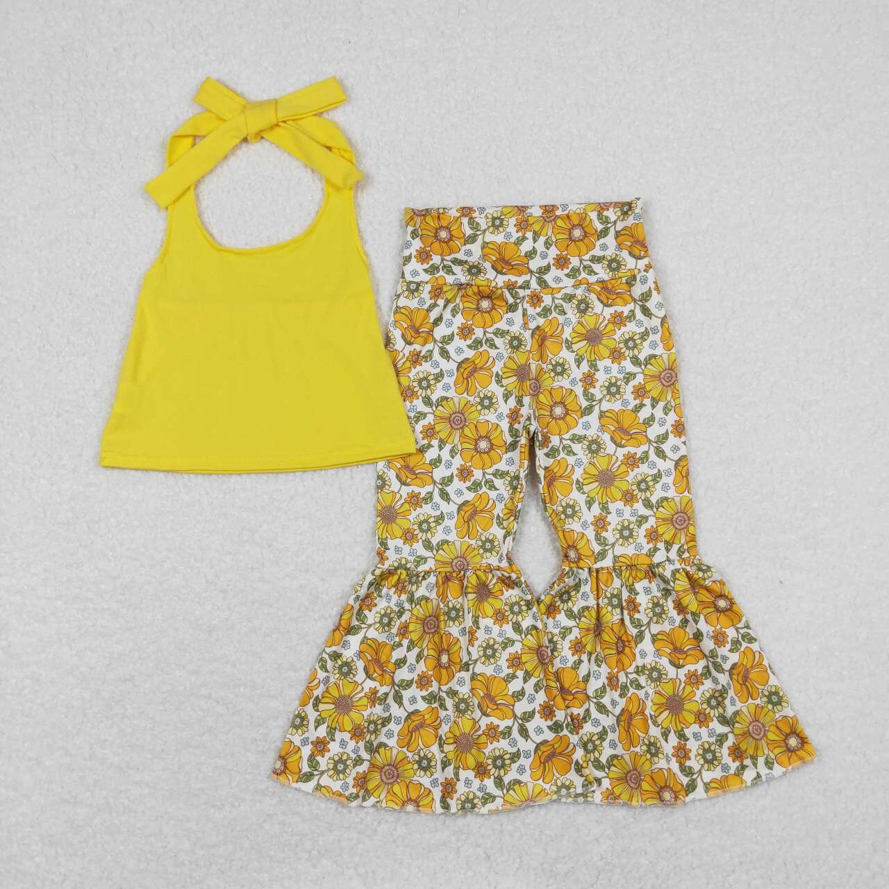 GSPO1430 Yellow Halter Top Mustard Flowers Bell Pants Girls Clothes Set