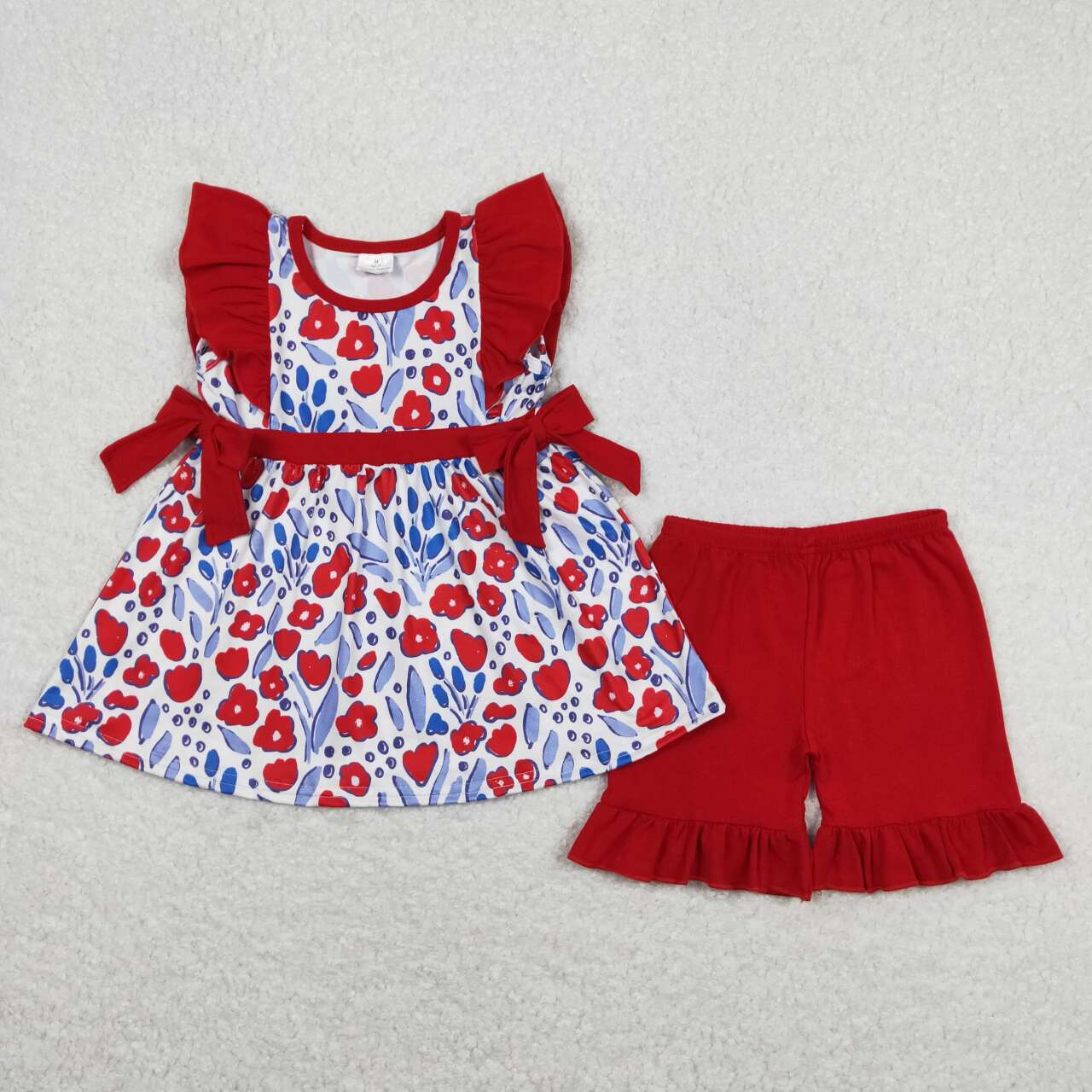 GSSO0609 Red Flowers Tunic Top Ruffle Shorts Girls Summer Clothes Set