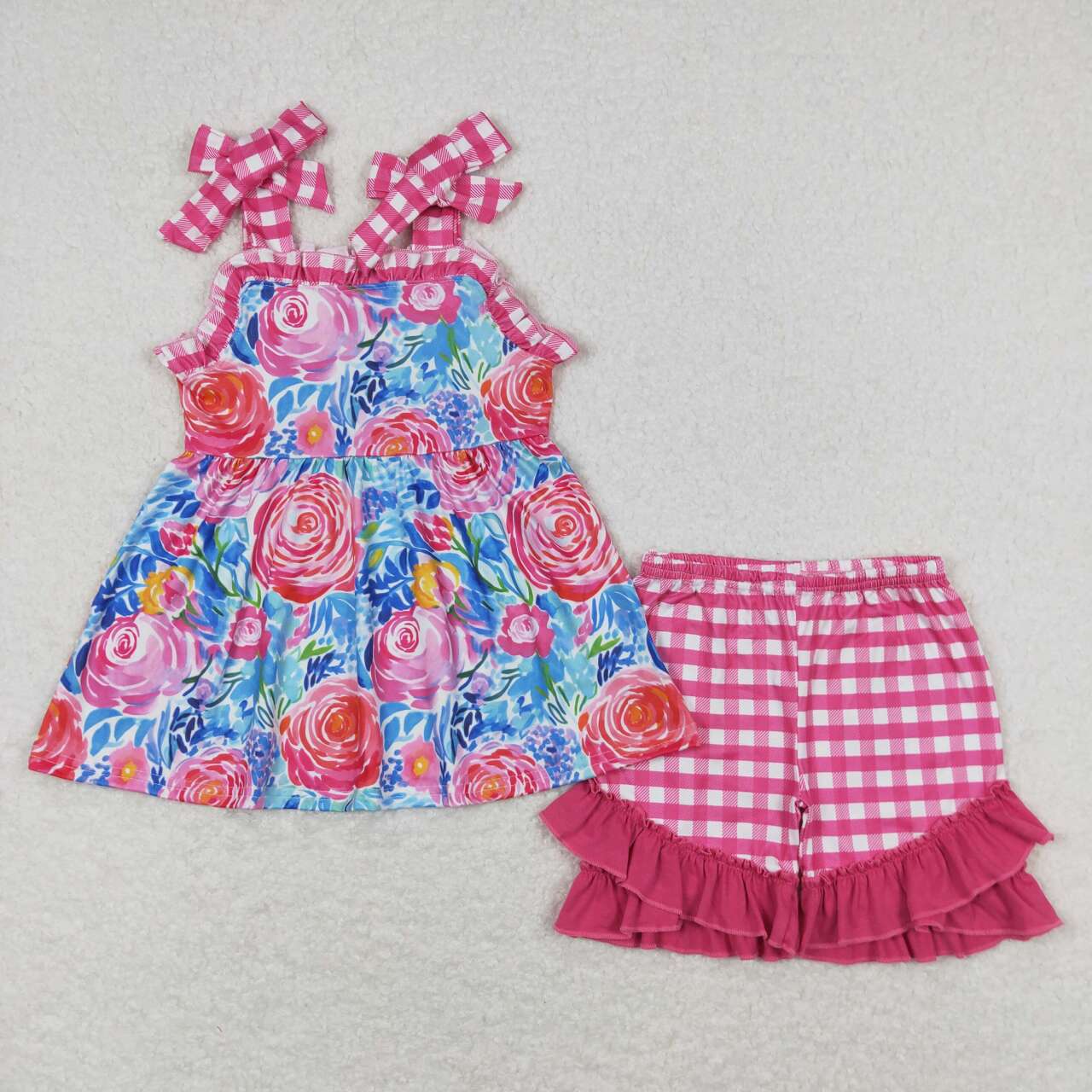 GSSO0700 Flowers Strap Tunic Top Plaid Shorts Girls Summer Clothes Set