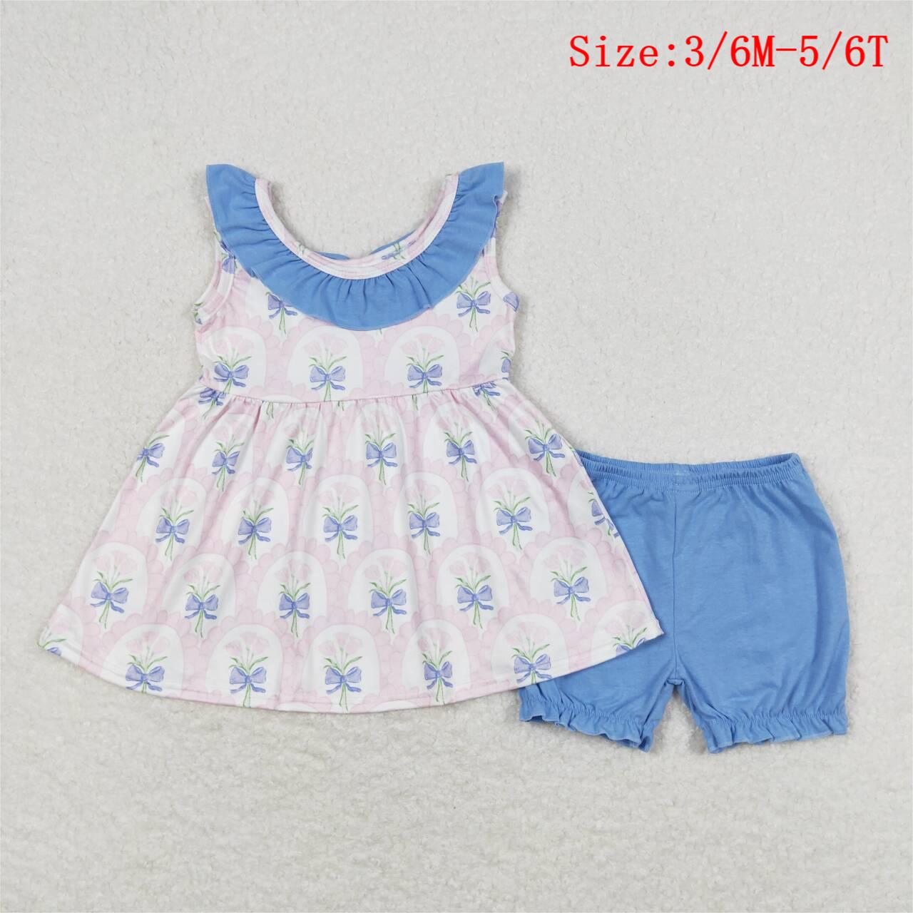 GSSO0723 Pink Flowers Bows Tunic Top Blue Shorts Girls Summer Clothes Set