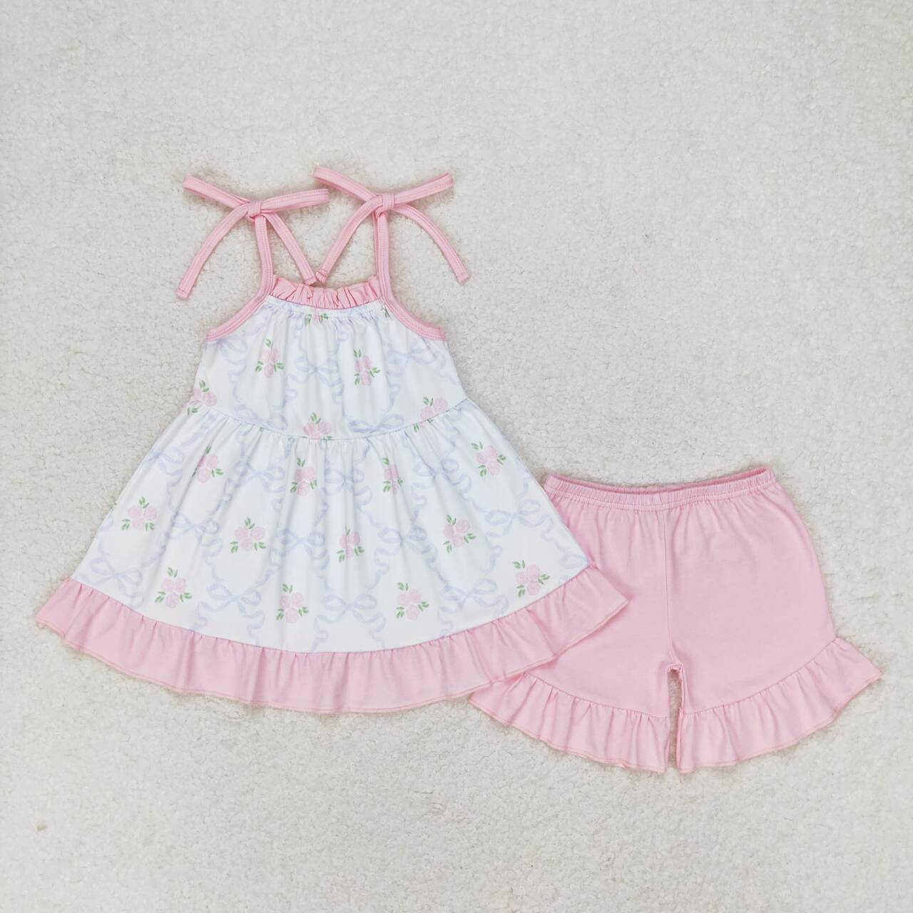 GSSO0725 Pink Flowers Tunic Strap Top Pink Shorts Girls Summer Clothes Set